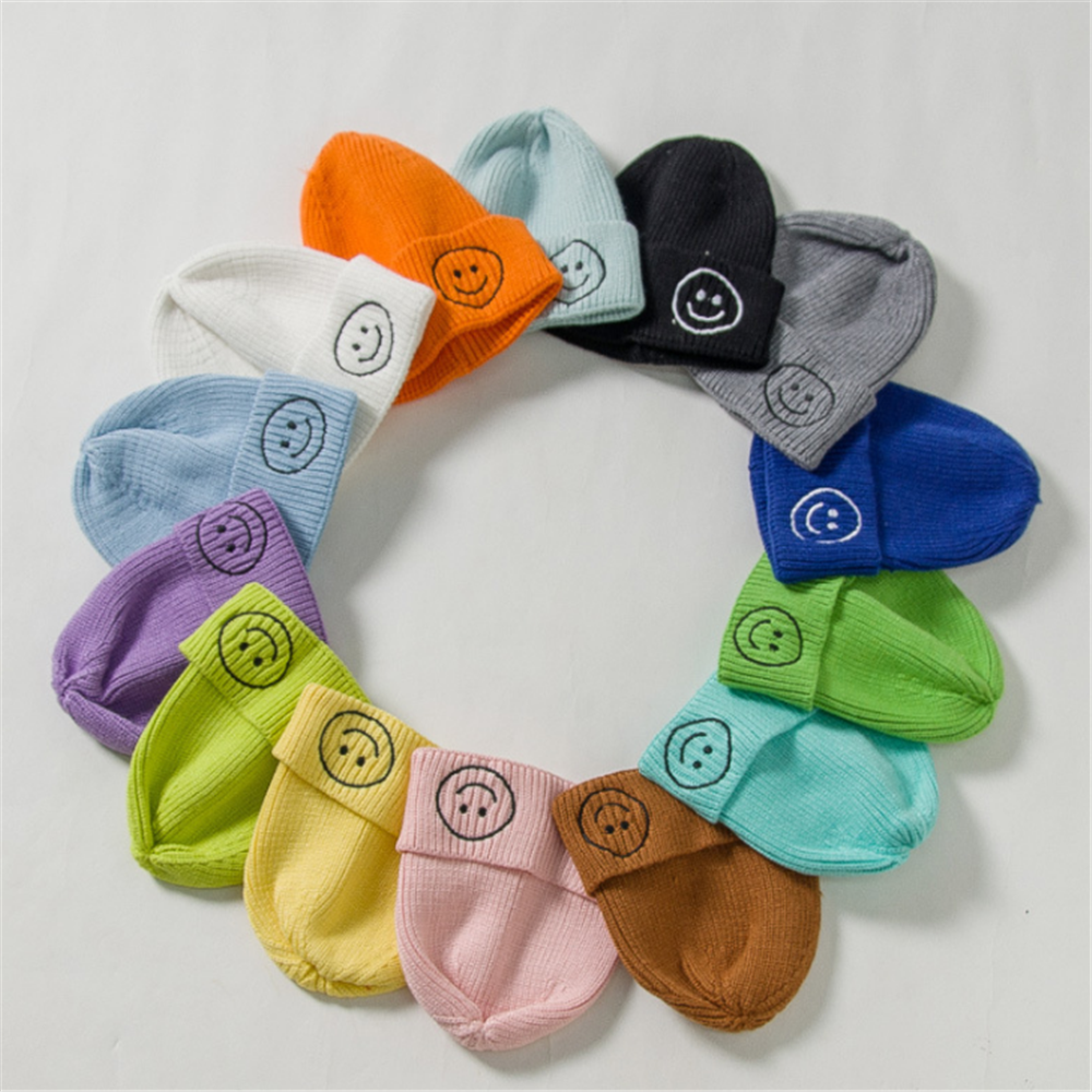 Adult Parent-child Smiley Face Hat Autumn and Winter Candy Color Woolen Female Wild Casual Sweet Knitted Cold Cap Male
