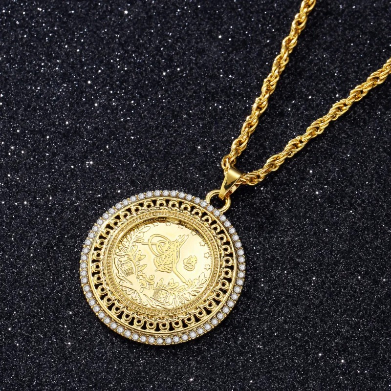 Turkish Totem Coin Pendant for Women, Ethnic Bridal Jewelry, Long Slip Chain, Gold Plated, Arabic, Muslim, Gift