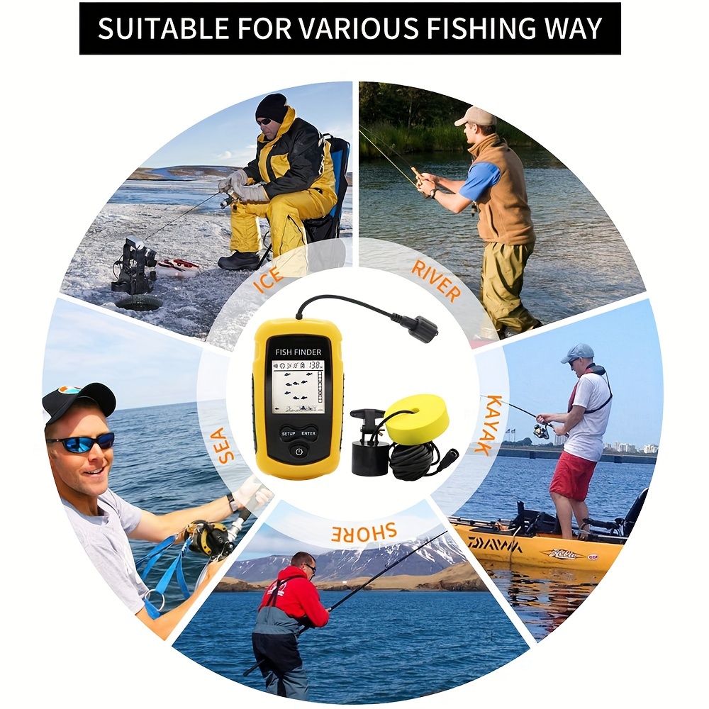Portable Fish Finder with English Display, Sonar Sounder, Alarm Transducer, Fishfinder, 0.7-100m