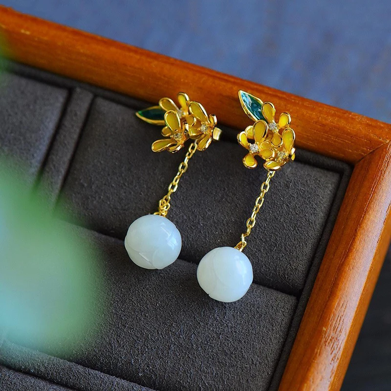 Original Design Inlaid Natural Hetian Jade Osmanthus Long Earrings for Women Chinese Style Classical Exquisite Jewelry