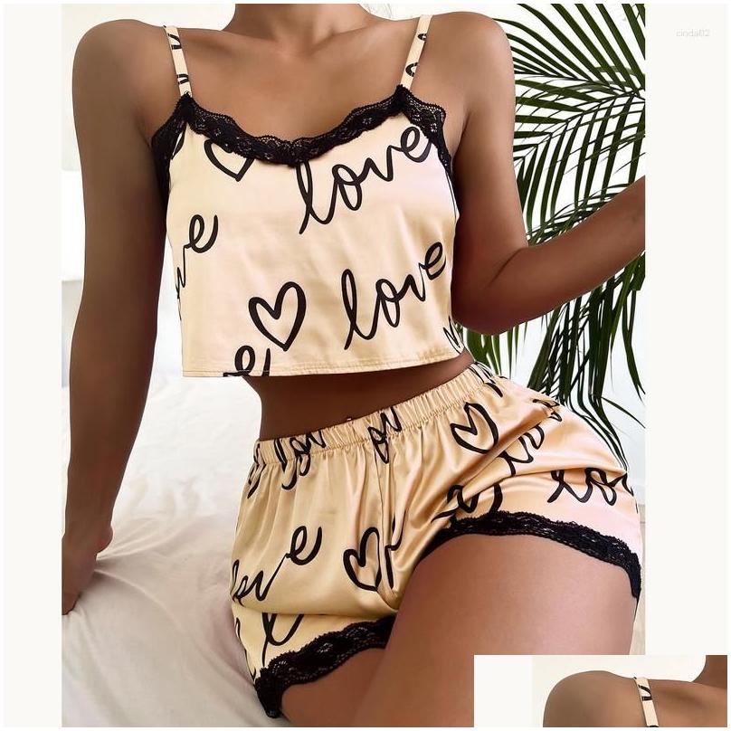 Womens Sleepwear Two Pieces Set Pajama Shorts Suit Print Underwear Pijama Sexy Lingerie Camisoles Tanks Nighty Ladies Drop Delivery A Dhdcn