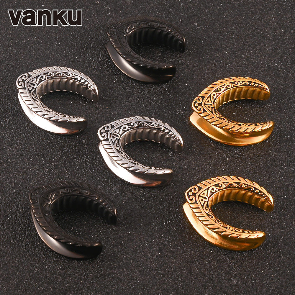 Vanku 2pcs Antique Vintage Ear Flesh Tunnel Expander Gauge Hollow Plugs Stretcher Half Arc Shape Tunnel Plugs Piercing Jewelry