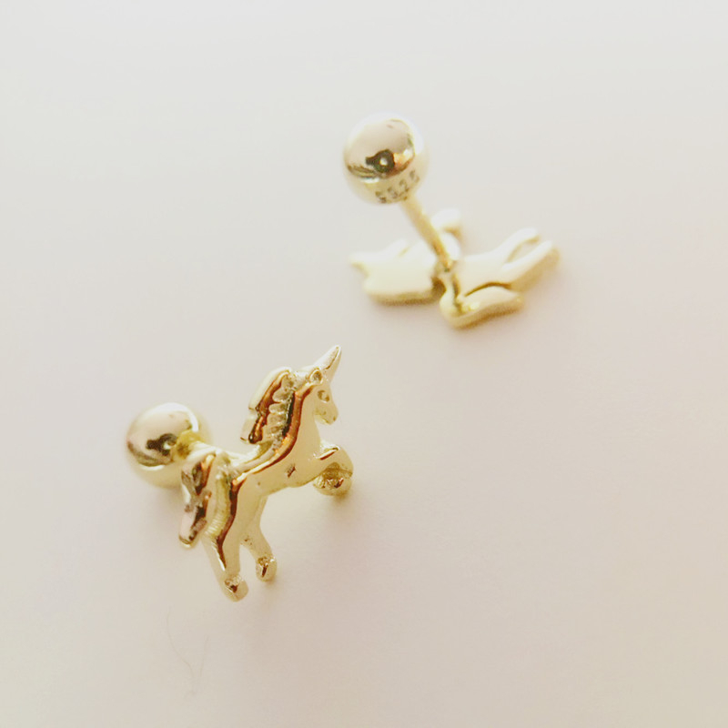 Cute 925 Sterling Silver Gold Color Small Unicornio Horse Screw Back Stud Earrings For Women Girls Kids Baby Piercing Jewelry