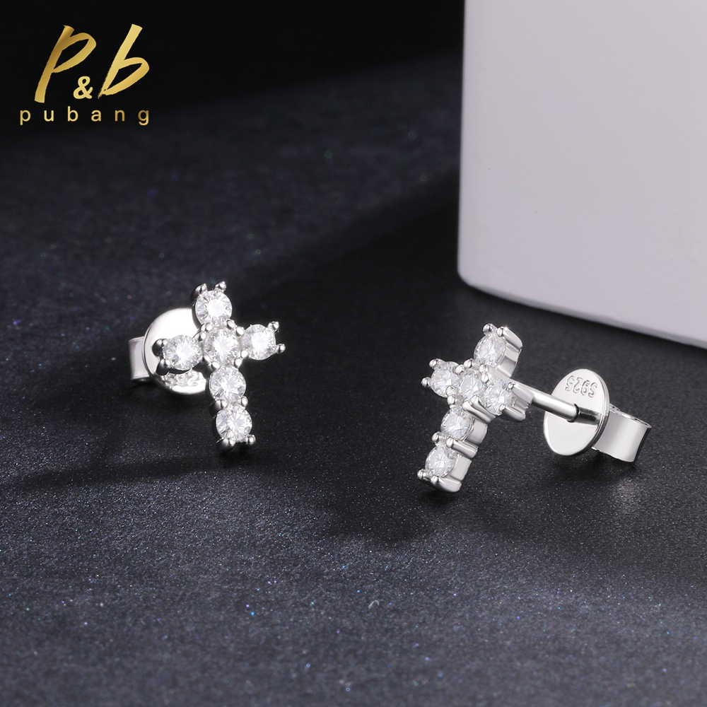 PuBang Fine Jewelry 925 Sterling Silver VVS1 GRA Moissanite Diamond Cross Stud Earrings for Women Men Anniversary Gift Wholesale