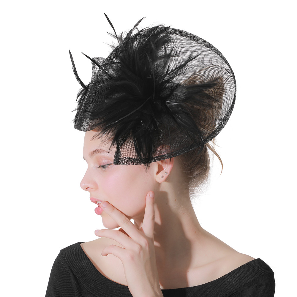 Lady Vintage Black Fascinators Hat Solid Linen Fedora Cap Feather Flower Headwear For Ladies Wedding Hoop Women Hair Accessories