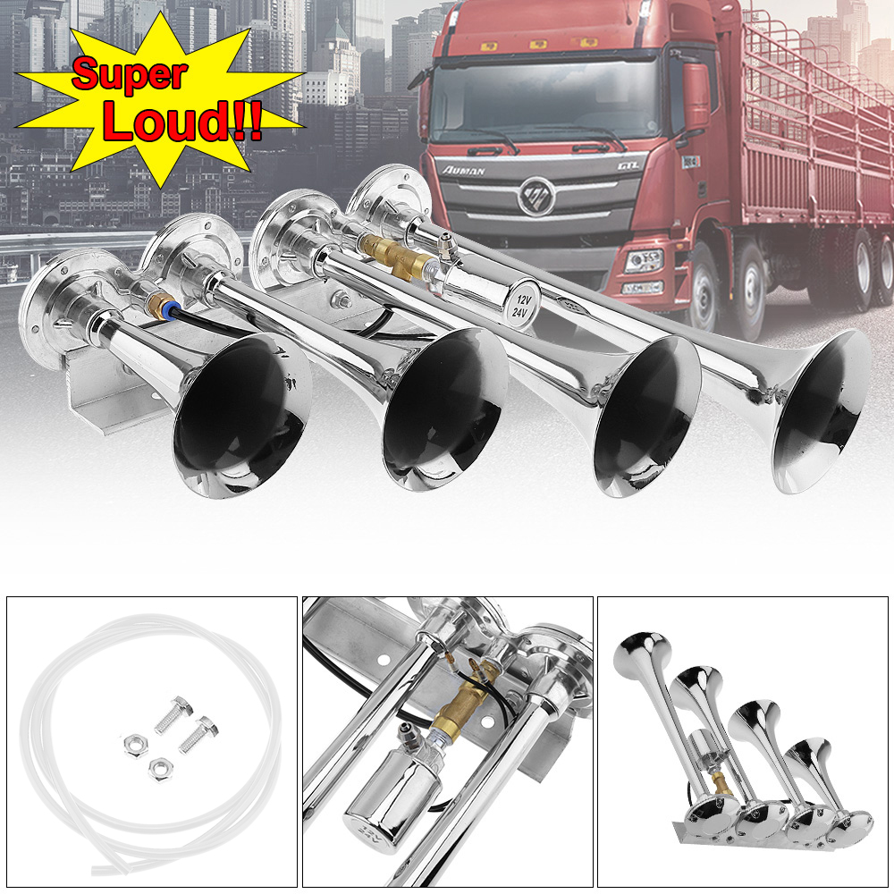 12V / 24V 185dB Silver / Black Super Loud Four Trumpet Car Air Horn for Car Vehicle Truck Train Boat Motorcycle Automobiles