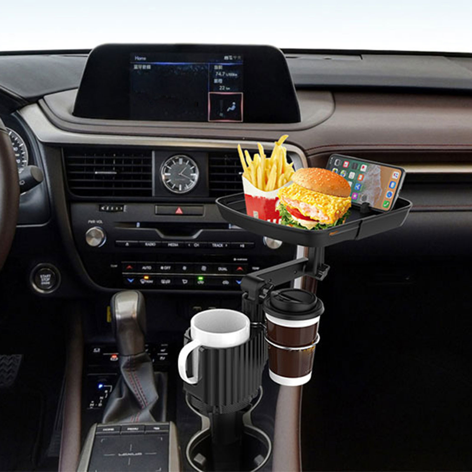 Food Square Swivel Tray - Convenient Vehicle Meals Organizer & Cup Holders