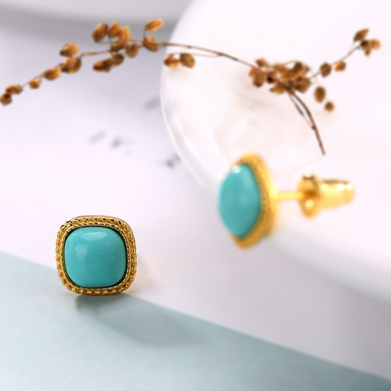 24k Gold Filled Square Turquoise Gemstones Vintage Stud Earrings for Women Classical Jewelry Trendy Accessories Concise Brincos