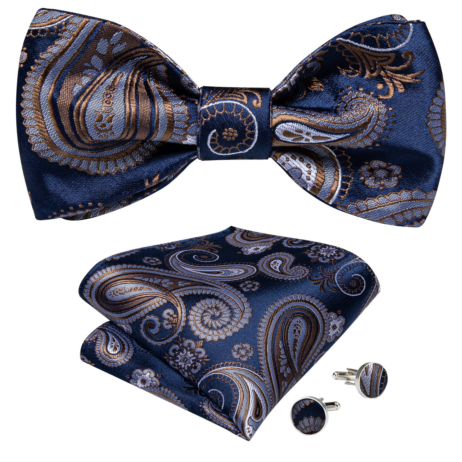 Men BowTies Silk Homme Floral Blue Bow tie Cufflinks Hankerchief 3pcs Set For Wedding Party Prom Formal Suit Accessories Tuxedo