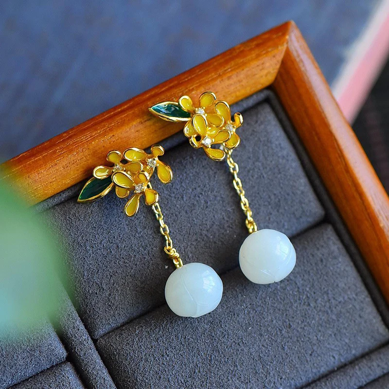 Original Design Inlaid Natural Hetian Jade Osmanthus Long Earrings for Women Chinese Style Classical Exquisite Jewelry