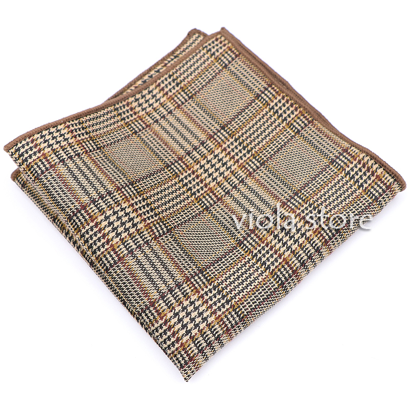 Classic Plaid Striped Wool Tie Matching Pocket Square 24cm Men Brown Suit Hanky Party Daily Handkerchief Tuxedo Gift Accessory