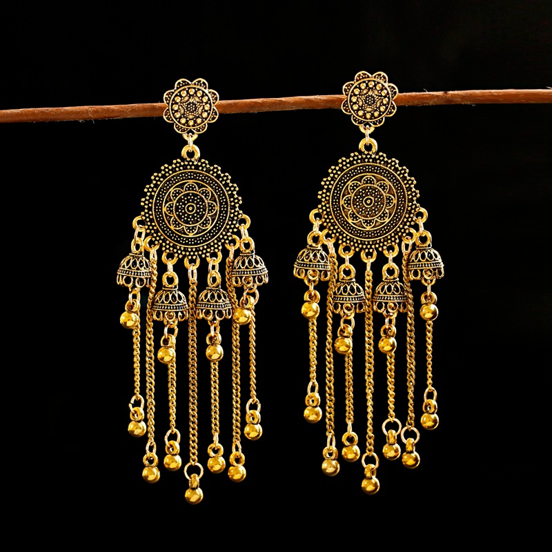 Women's Ethnic Long Tassel Earrings Retro Round Indian Jhumka Earrings Classic Vintage Bell Wedding Jewelry Bijoux