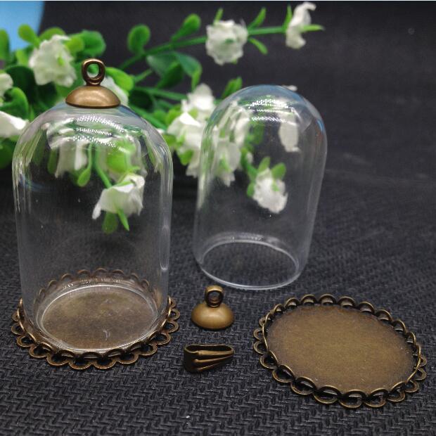 10set/lot--25*38mm Bell jar shape tube clear glass bubble bottle & tray & top connector--for DIY necklace accessories finding