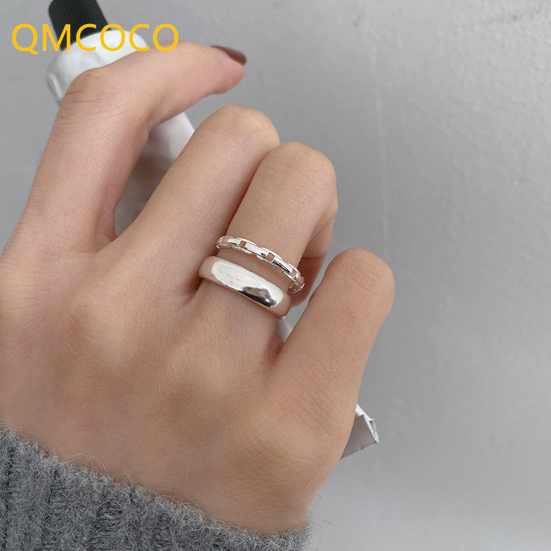 QMCOCO Silver Color Double-Deck Irregular Open Adjustable Ring Design Simple Trendy Vintage Jewelry For Woman Party Gifts