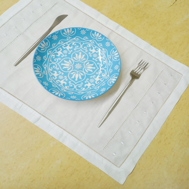 Set of 12 White Linen hemstitched Table Cloths Placemats Embroidered Dots Dinner Napkins For Special Occasions