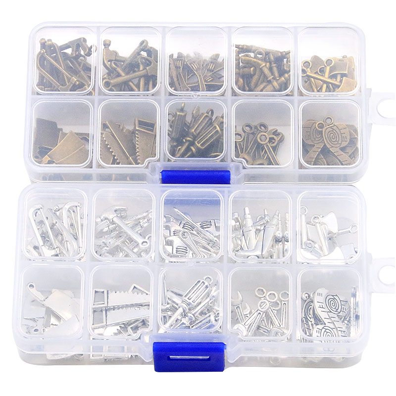 1Set 100Pcs/Lot 2Color 10Styles Hammer Saw Axe Charm Tool Pendant Kit With Box Material For DIY Jewelry Necklace Bracelet Making