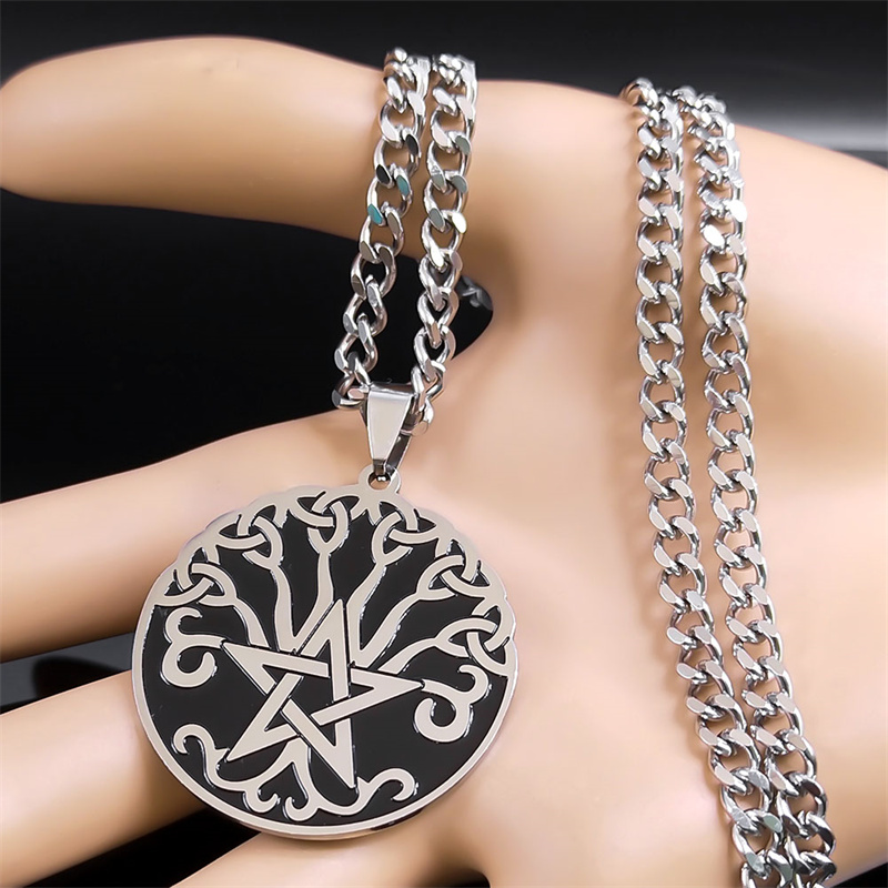 Pentagram Trinity Celtic Knot Tree of Life Necklace Chain for Women Men Silver Color Triquetra Necklaces Jewelry Gift N7963S03