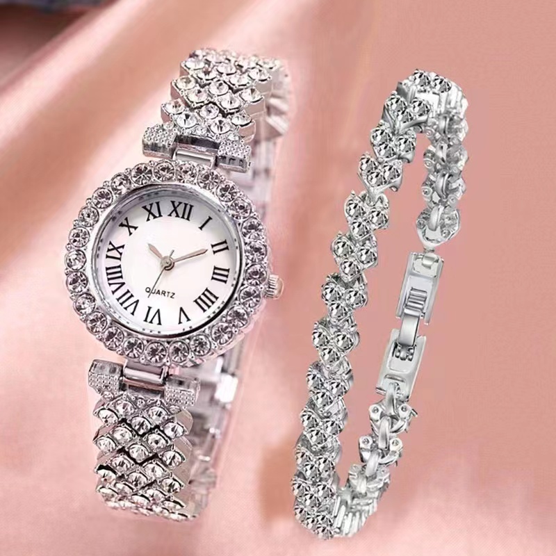 2/6pc Dainty Quartz Watch With Heart Jewelry Set For Women Rhinestone Watch Double Heart Necklace Bracelet Earrings Ring Set