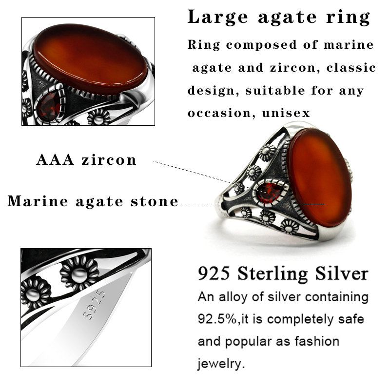 Natural Agate Stone Ring for Men 925 Sterling Silver With Red CZ Thai Silver Unique Design Ring for Male Women Turkish Jewelry