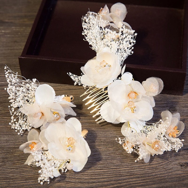 White Lace Flower Crystal Hair Combs Jewellery Bride Headpiece Tiaras de Noiva Women Head Jewelry Wedding Hair Accessories Crown