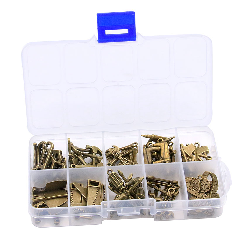 1Set 100Pcs/Lot 2Color 10Styles Hammer Saw Axe Charm Tool Pendant Kit With Box Material For DIY Jewelry Necklace Bracelet Making