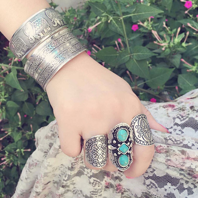 Vintage Cuff Bracelet Tibetan Silver Plated Carved Flower Geometric Animal Opening Bangle Adjustable Indian Jewelry Women Gifts