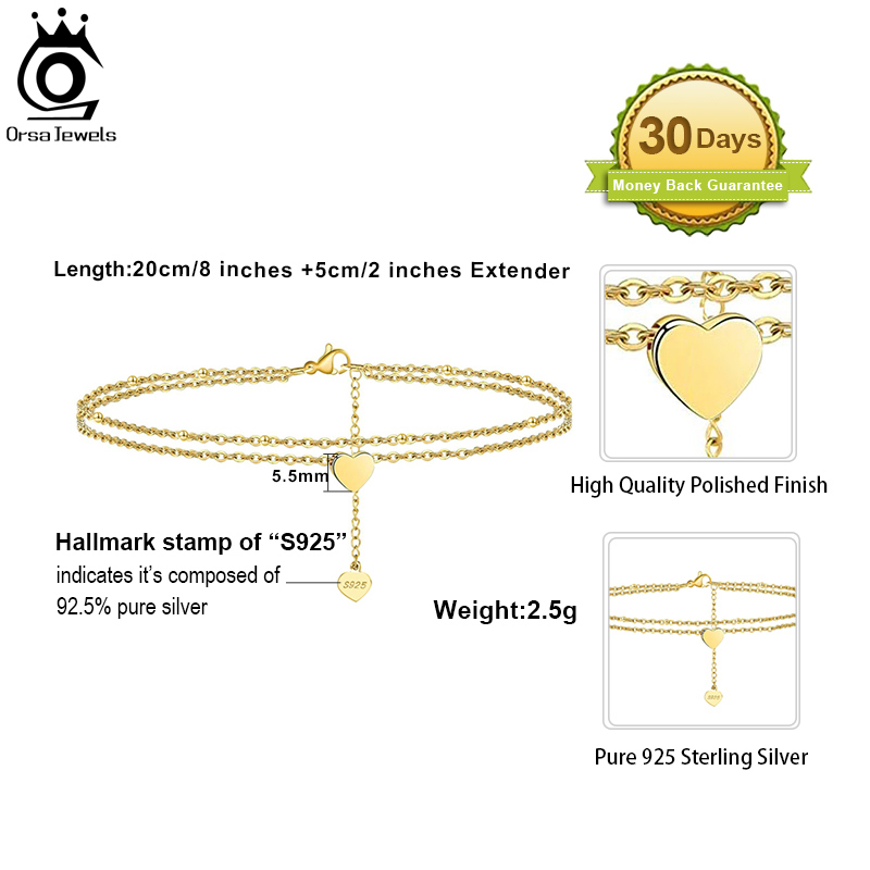 ORSA JEWELS 925 Sterling Silver Women Heart & Satellite Layered Chain Anklet Summer 14k Gold Foot Bracelet Leg Jewelry SA17