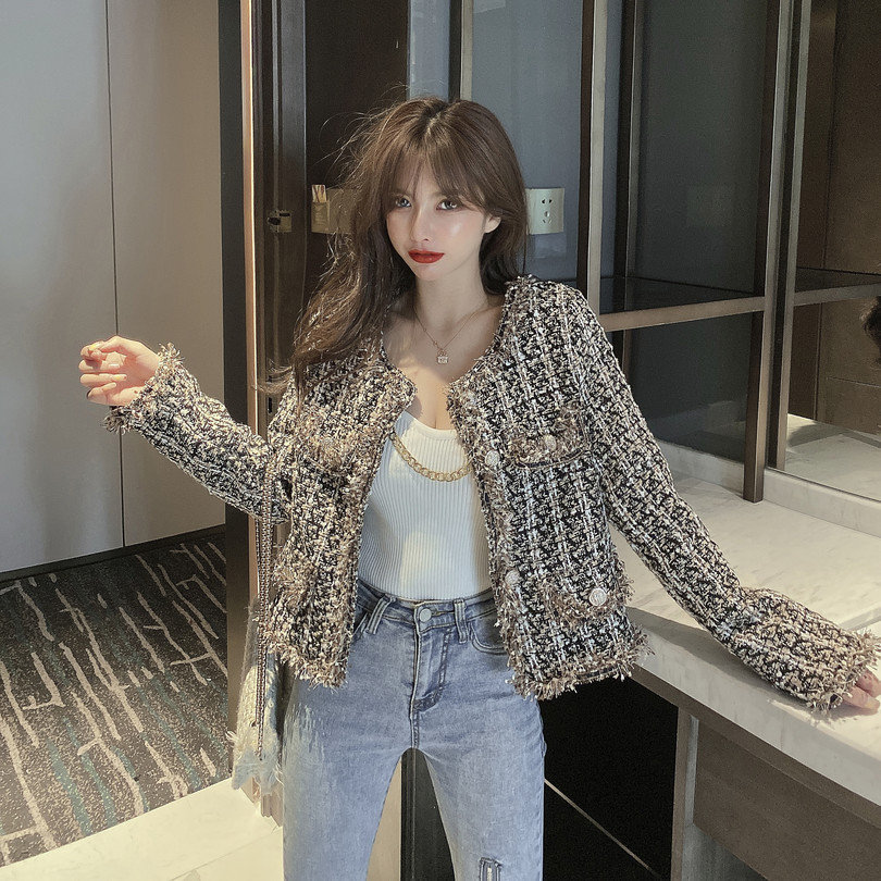 SMTHMA Runway Designer Wool Tassel Coat Women Vintage Plaid Tweed Jackets Golden Buttons Elegant Office Lady Outwear Korean