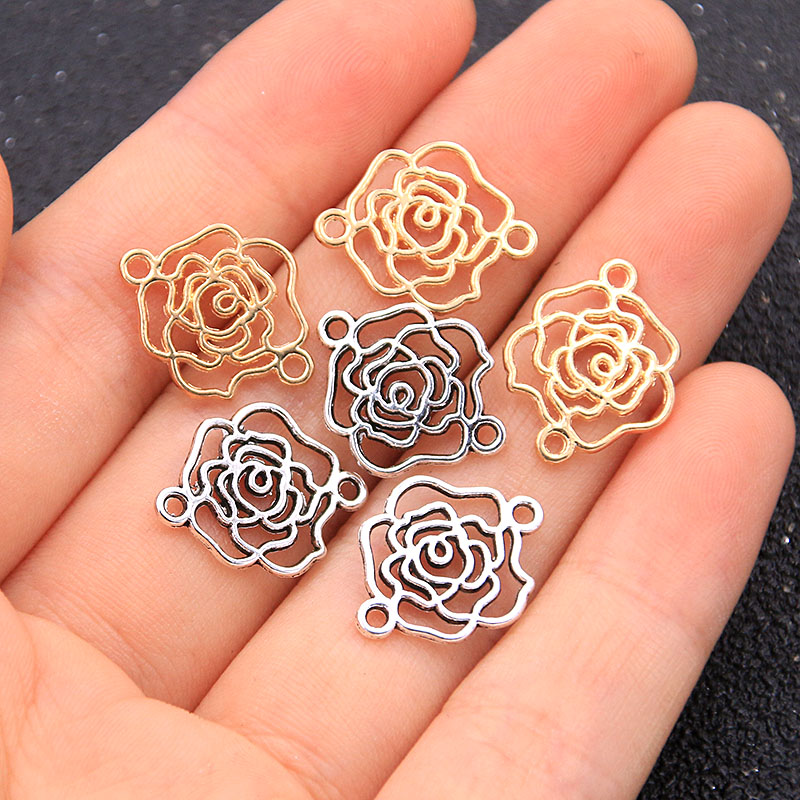 40PCS 2 Color 13*16mm KC Gold Charms Rose Connector Plant Metal Alloy DIY Necklace Handwork Marking Accessories