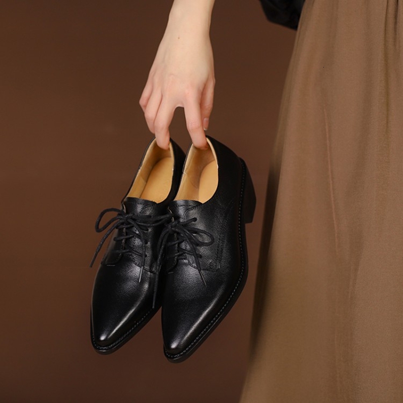 NEW Spring/Autumn Pumps Genuine Leather For Women Pointed Toe Chunky Heel Casual Black Lace-Up Handmade Shoes