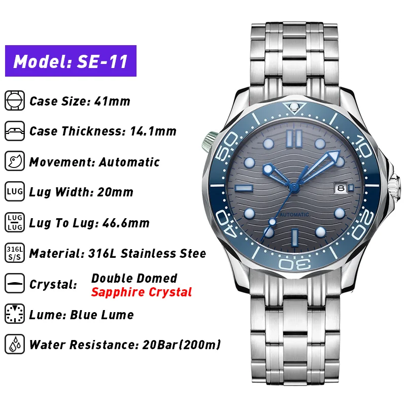 PHYLIDA 20BAR Water Resistant Sports Watch Gray Wave Dial Sapphire Crystal Watches for Men Automatic