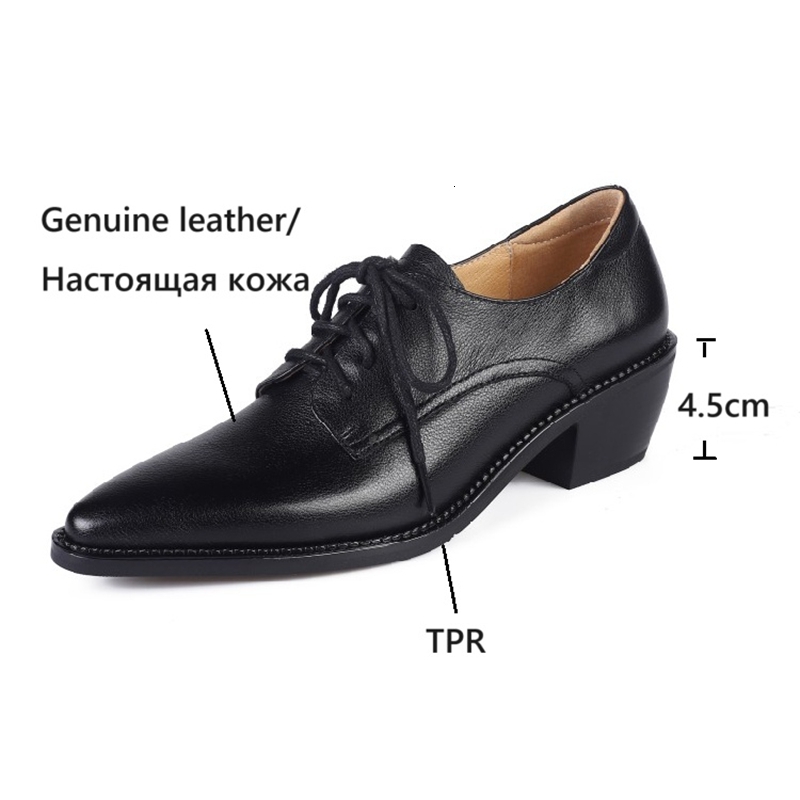 NEW Spring/Autumn Pumps Genuine Leather For Women Pointed Toe Chunky Heel Casual Black Lace-Up Handmade Shoes