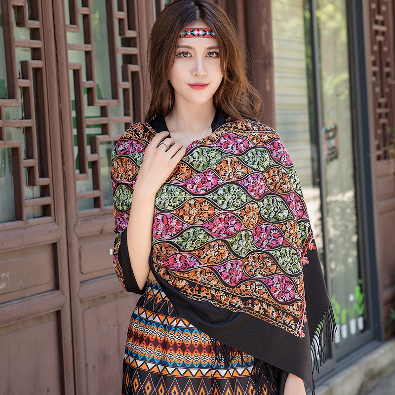 New Arrival Brand Designer Autumn Winter New Embroider Cashew Flower Scarf Shawl Fringed Scarves Women Travel Bufanda Mujer