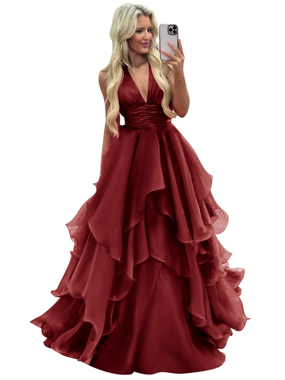 Long Prom Dresses Deep V-Neck Pleats Ball Gown Organza Plus Size Formal Occasion Evening Party Gown Pd20