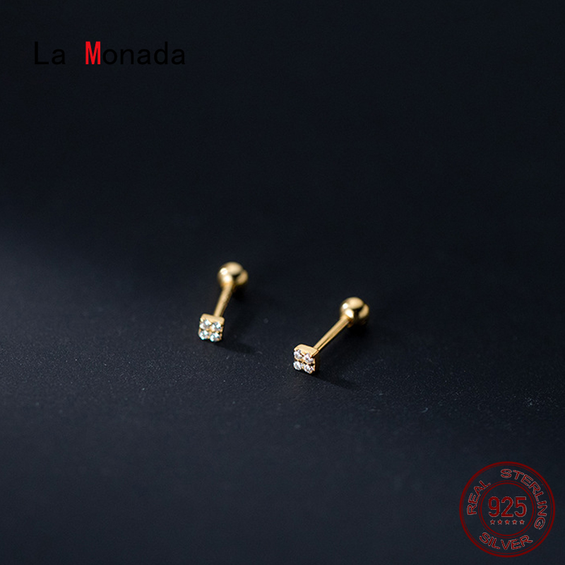 La Monada Geometry Square Stud Earrings 925 Sterling Silver 925 Small Silver Earrings For Women Silver Pierced Girls Screw Nut