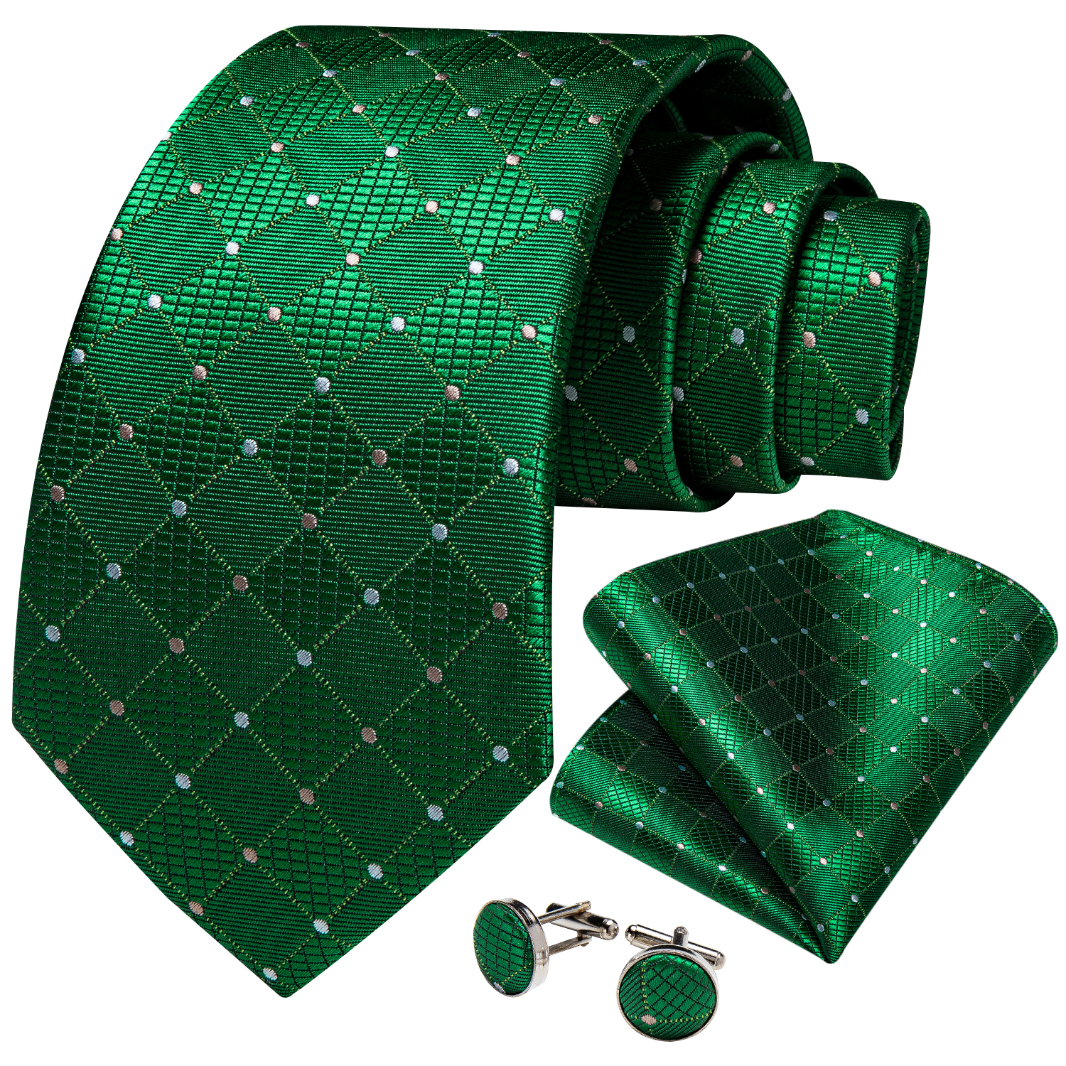 Green Plaid 8cm Silk Ties For Men Wedding Accessories Mens Necktie Pocket Square Cufflinks With Tie Ring Brooch Pin Men Gift