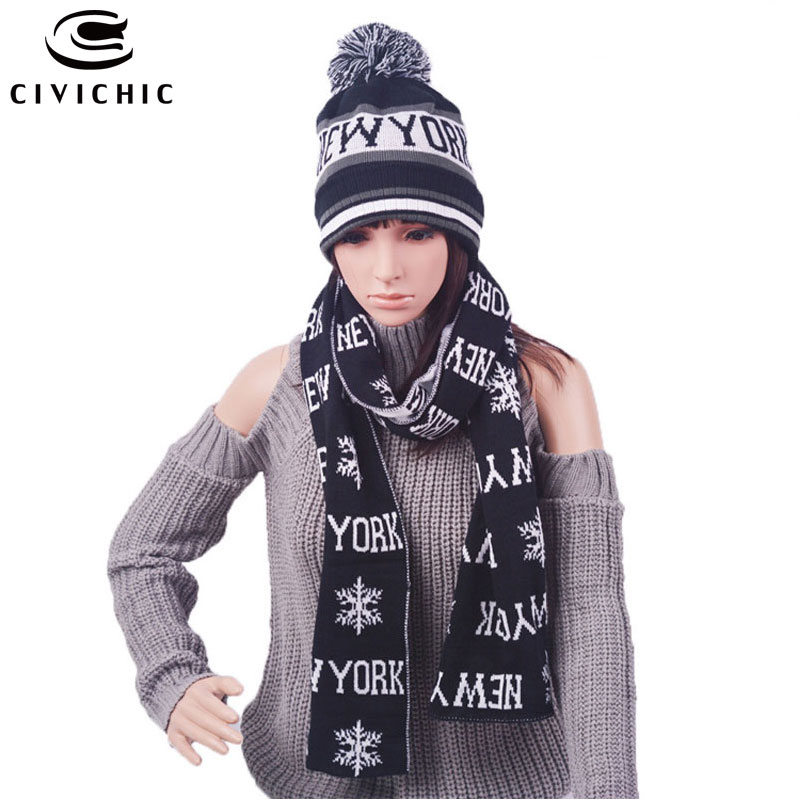 CIVICHIC Unisex Warm Faux Wool Knit Hat Scarf Set Man/woman Christmas Gift Cap New York Print Thicken Headwear Neck Shawl SH108