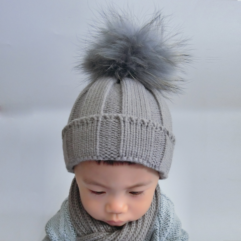Baby Skullies Beanies Winter Hat For Kids Girls Boys Colors Real Fur Pompom Hat Knitted Beanie Cap