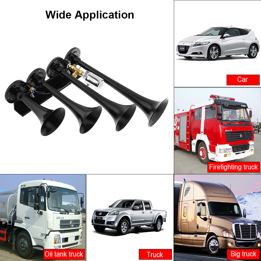 12V / 24V 185dB Silver / Black Super Loud Four Trumpet Car Air Horn for Car Vehicle Truck Train Boat Motorcycle Automobiles