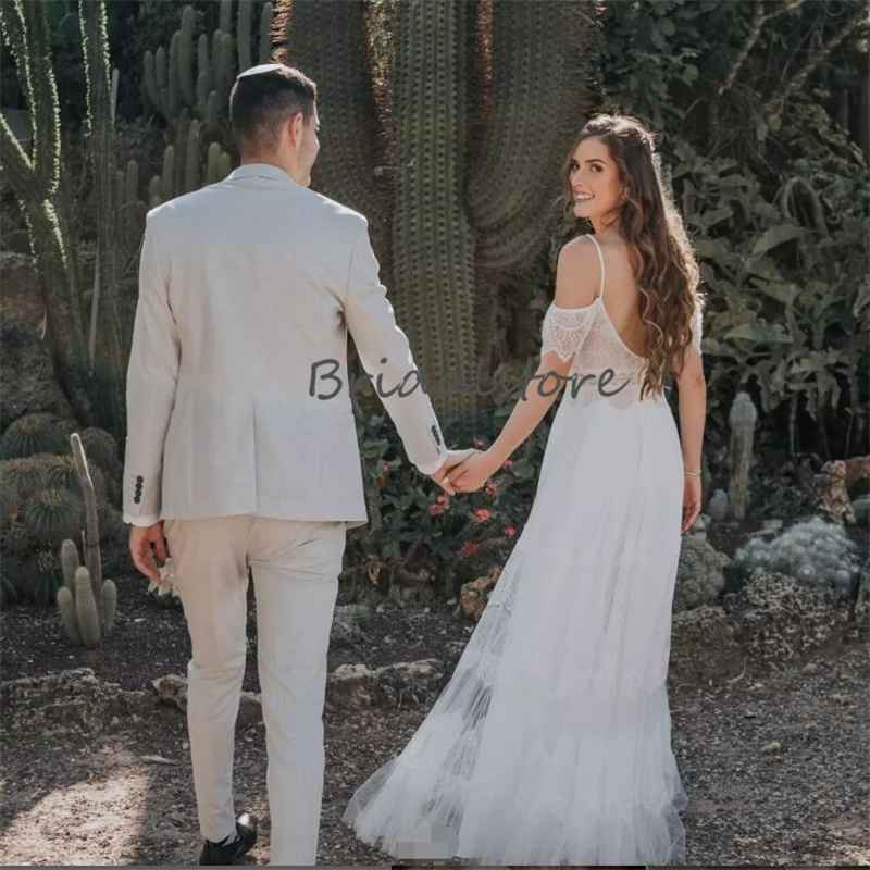 Civil Korean Boho Wedding Dresses Spaghetti Straps Lace Destination Beach Bridal Dress Backless Chic Fairy Bride Dress 2024 Hippies Greek Bohemian Ves