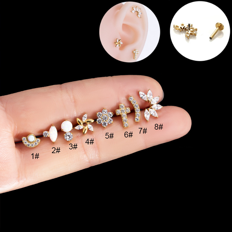 G23 Titanium Piercing Labret Studs Goth Geometric CZ Internal Thread Lip Ear Nail Helix Piercing Cartilage Conch Body Jewelry