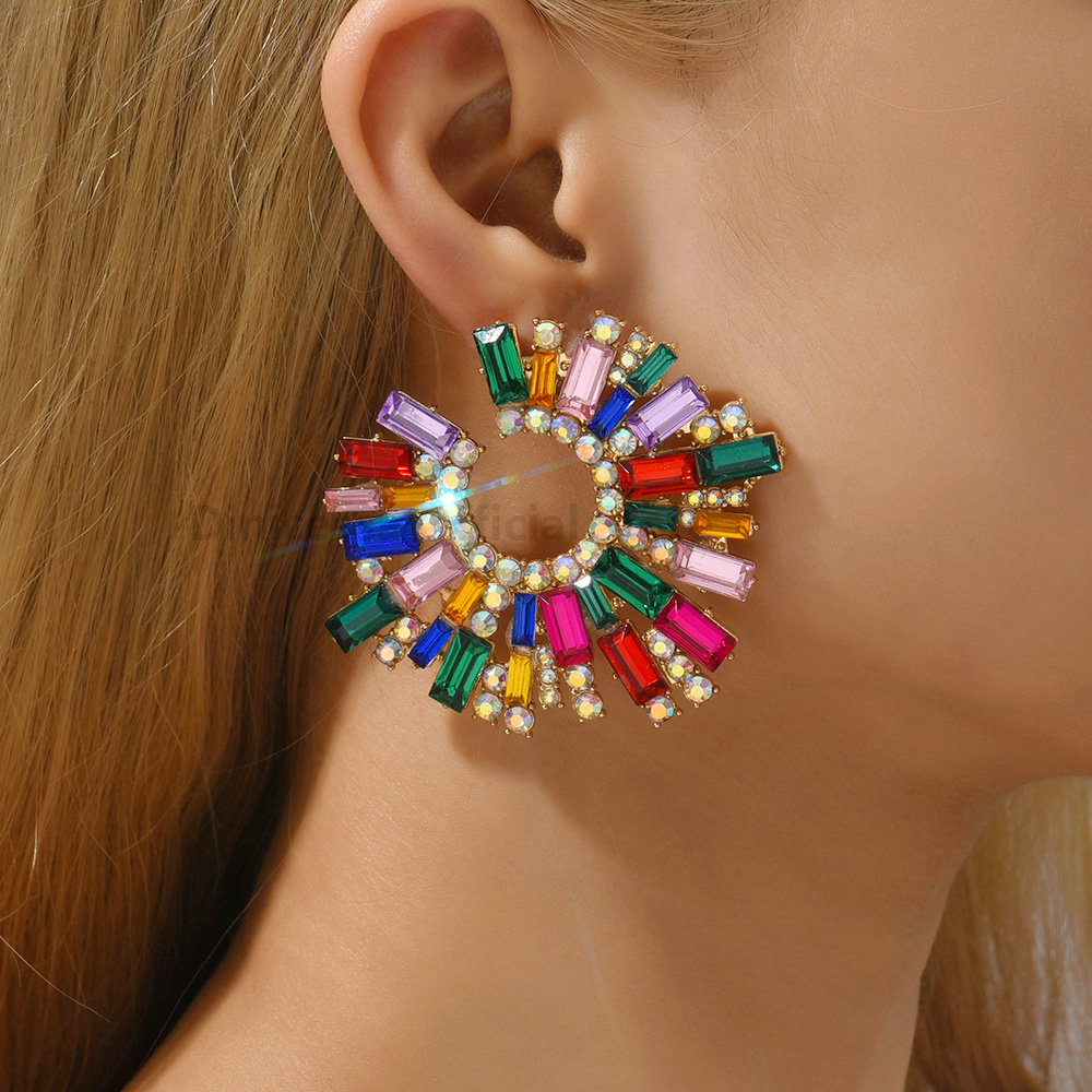 Luxury Round Big Stud Earrings For Women Girl Trend Ear Accessories Boho Colorful Geometric Rhinestone Brincos Vintage Jewelry