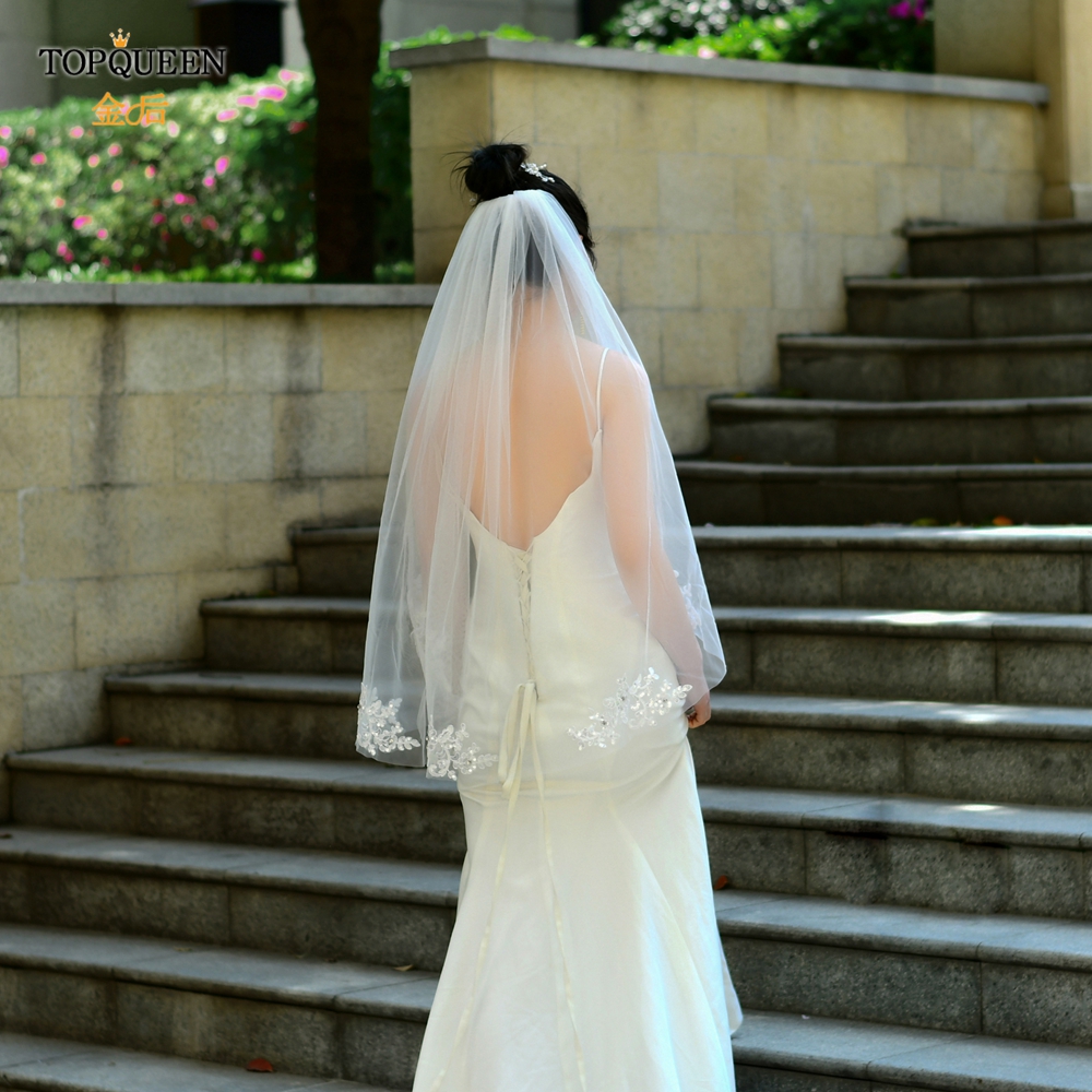 TOPQUEEN V49 100% Handmade Bridal Veil with Comb Lace Embroidery Women's Short Veil Wedding Veils with Lace Shiny Sparkl