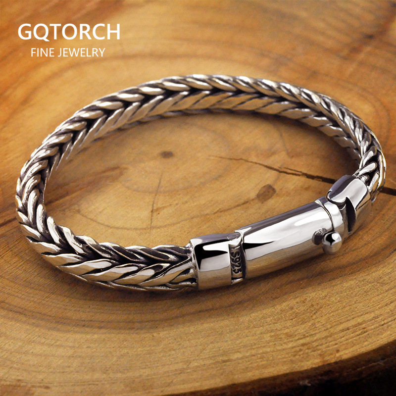925 Sterling Silver Viking Bracelet for Men Braided Weave Chain Bracelet with Plug Safety Clasp Handcrafted Jewelry