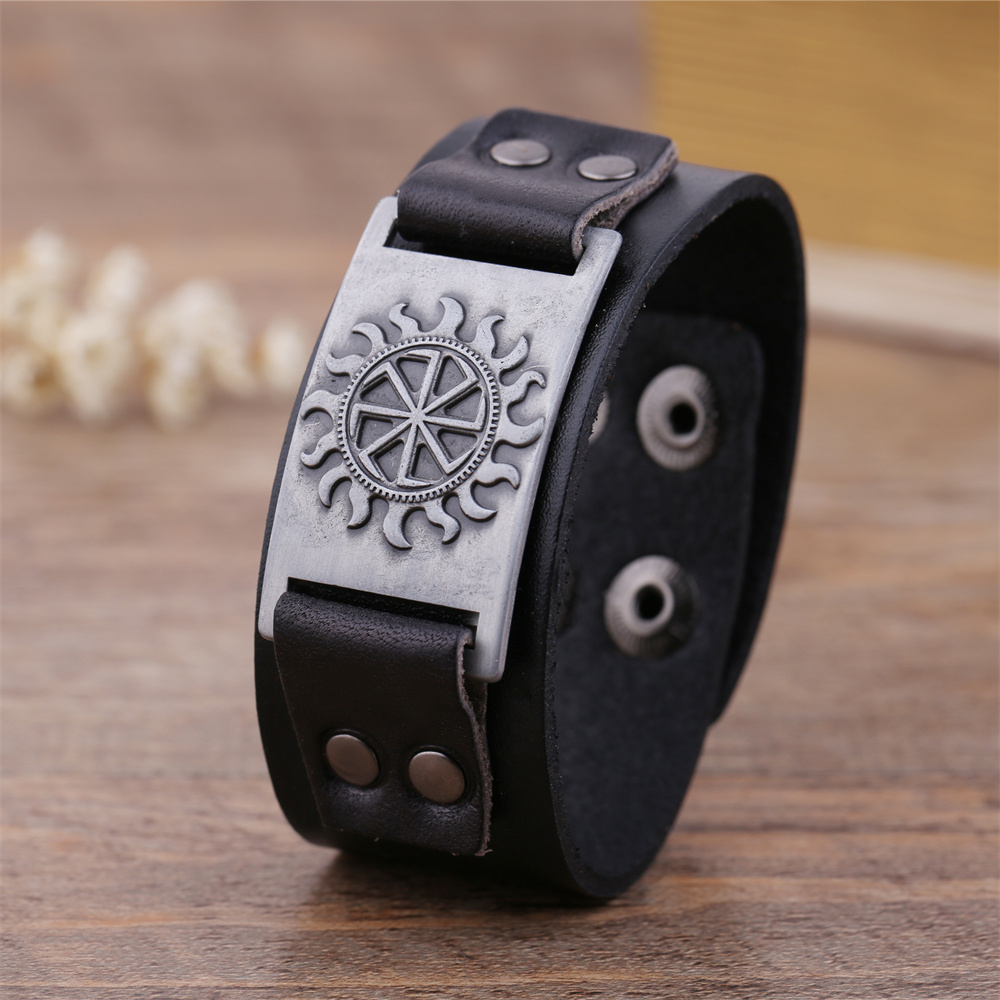 My Shape Viking Vintage Genuine Leather Bracelets for Men Slavic Symbol of Sun Bangles Amulet Talisman Religious Jewelry Gifts