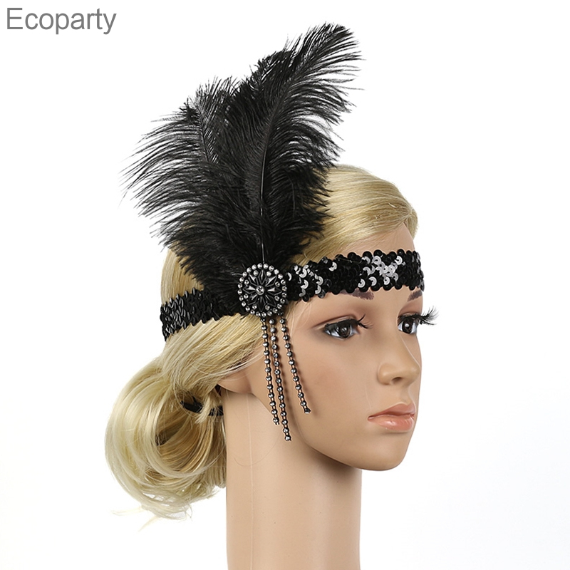 15 Hair Accessories Black Rhinestone Beaded Sequin Hair Band 1920s Vintage Gatsby Party Headpiece Women Flapper Feather Headband