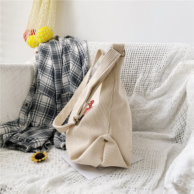 Women Striped Corduroy Bags Letters Embroidery Canvas Zipper Crossbody & Shoulder Bag Eco Cloth Purse Solid Handbags For Ladies