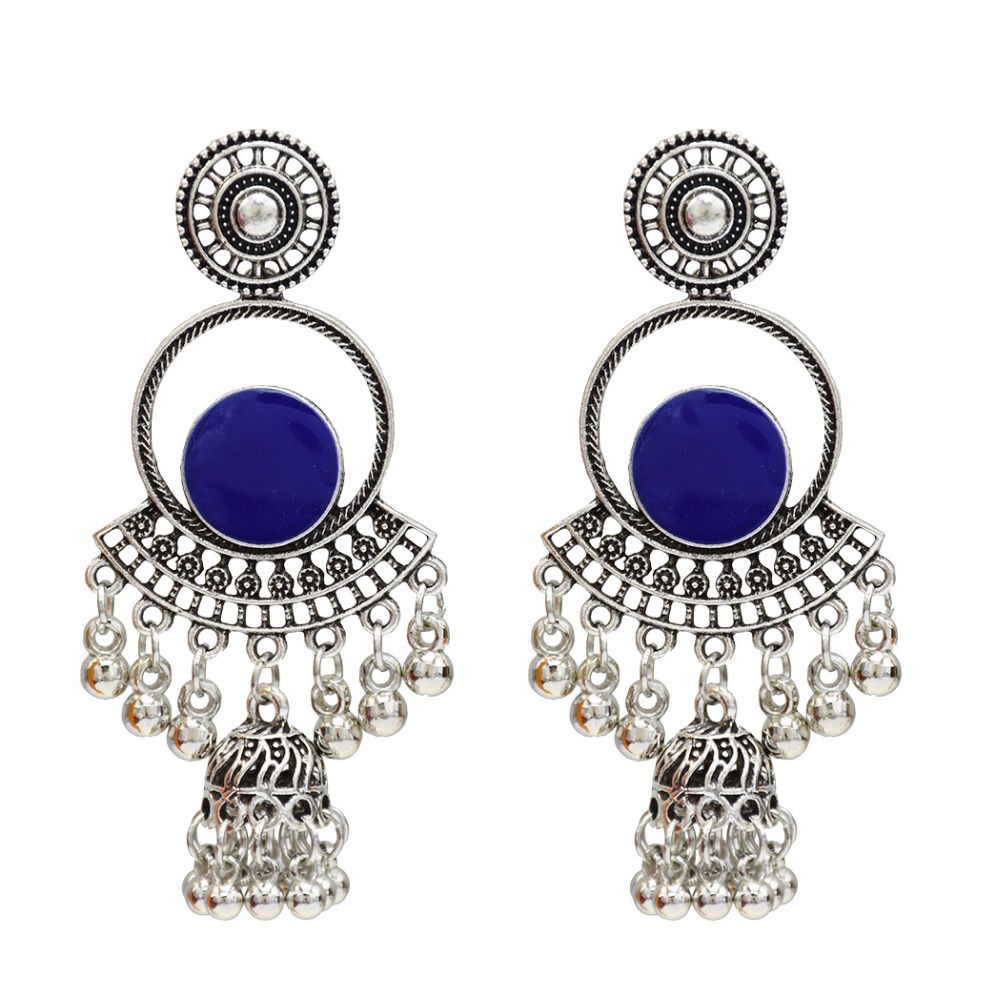 New Ins Indian Jhumka Earring Beads Blue Enamel Flower Thailand Piercing Earrings Turkish Tribal Afghan Party Jewelry Bijoux