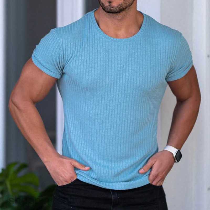 Men's T Shirts summer sports fitness leisure stand collar elastic vertical round neck short sleeve T-shirt tees tops