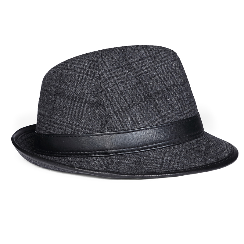 British Top Hat Fedora Caps For Men Male Genuine Leather Woolen Patchwork Jazz Gorras Gentleman Hip Pop Grid Sombrero Hombre